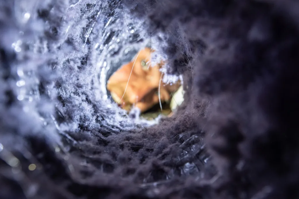 Man inspecting a dryer vent with a flashlight, checking for lint buildup and blockages. The image captures a real-life home maintenance moment.